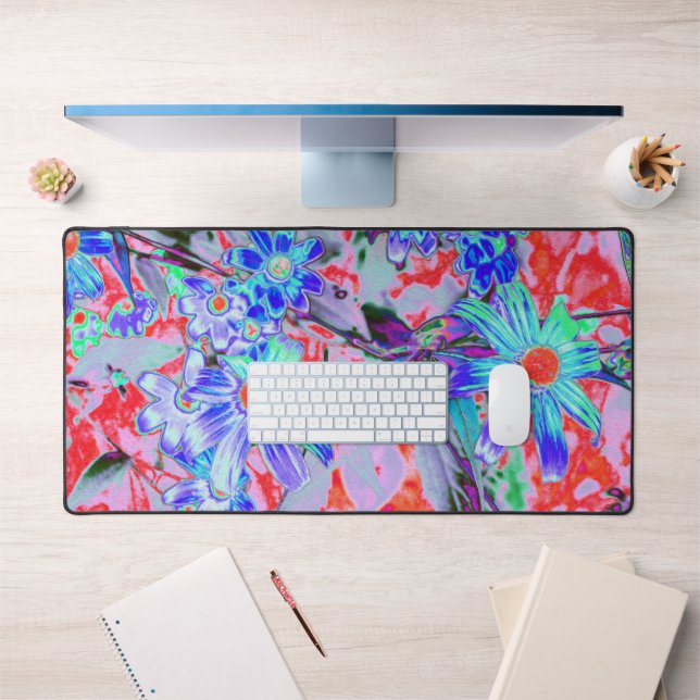 Aqua psychédélique rétro et fleurs orange (Bureau 1)