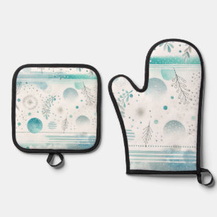 Aqua-Punkte und Blattmuster-Design Ofenhandschuh & Topflappen-Set