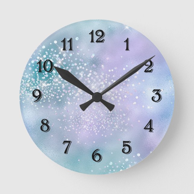 Aqua Purple Sparkle Runde Wanduhr (Vorderseite)