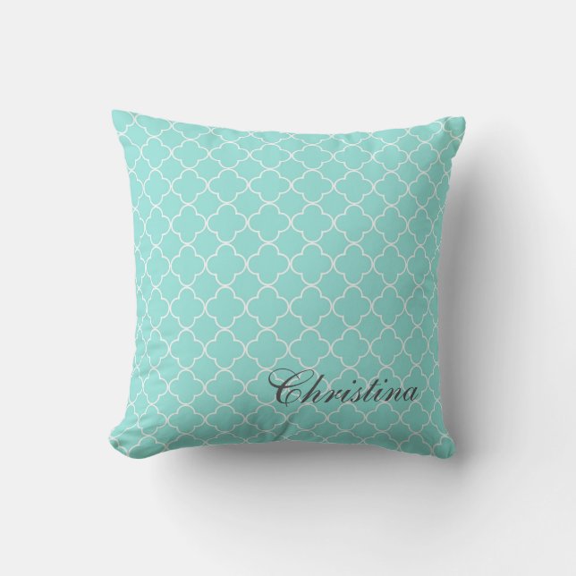 Aqua Quatrefoil Muster-Monogramm-Kissen Kissen (Vorderseite)
