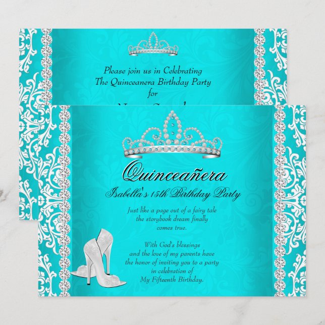 Aqua Quinceanera 15. Geburtstag Tiara High Heels Einladung (Vorne/Hinten)