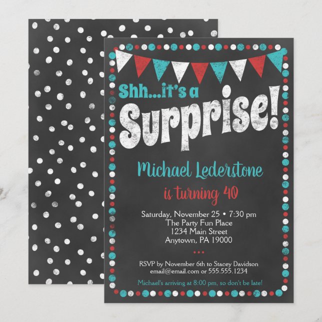 Aqua Red Chalkboard Invitation surprise (Devant / Derrière)