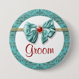 Aqua Red Gold Damask "Bridal Buttons" Button