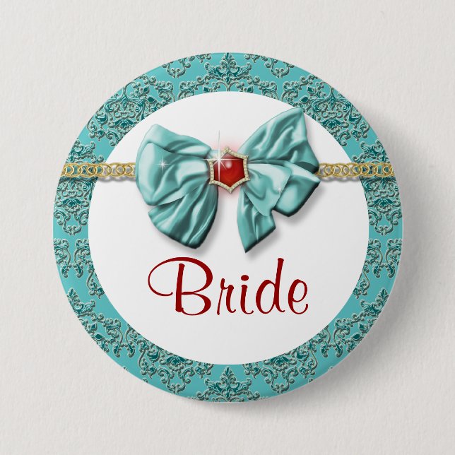 Aqua Red Gold Damask "Bridal Buttons" Button (Vorderseite)