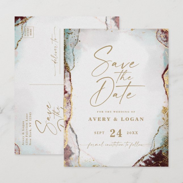 Aqua Red & Gold Winter Wedding Save the Date Ankündigungspostkarte (Vorne/Hinten)