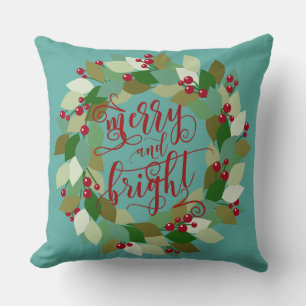 Aqua & Red Merry & Bright Holiday Wreath Kissen