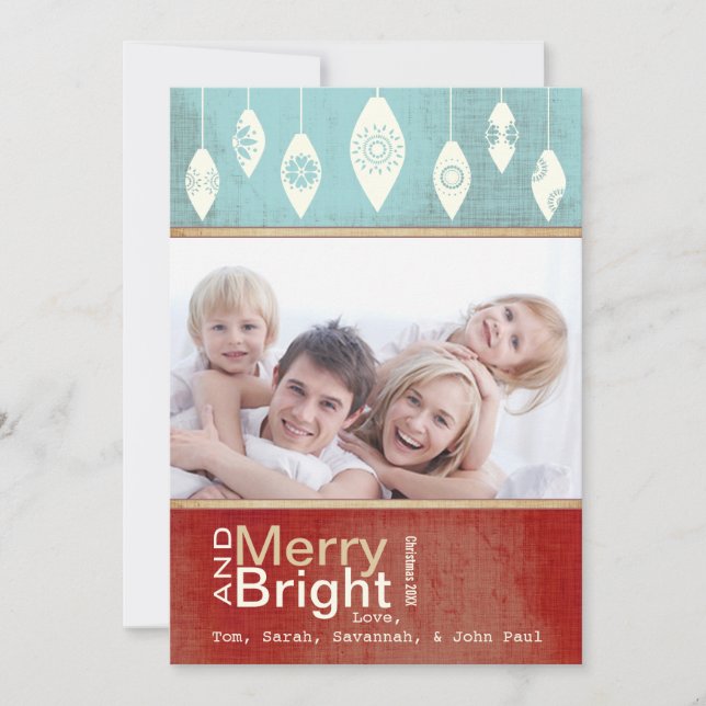 Aqua Red Retro Merry et Bright Family Carte photo (Devant)