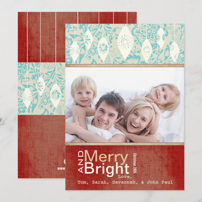 Aqua Red Retro Merry et Bright Family Carte photo (Devant / Derrière)