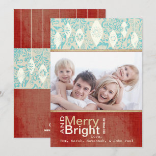 Aqua Red Retro Merry et Bright Family Carte photo