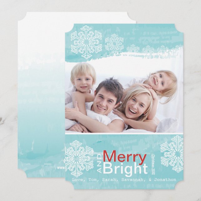 Aqua Red Snowflake Merry Bright Family Carte photo (Devant / Derrière)