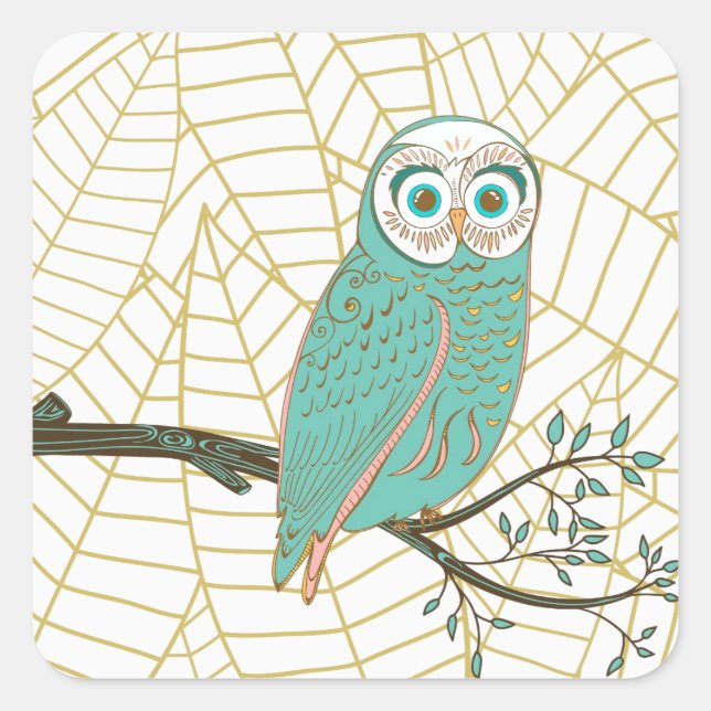 Aqua Retro Owl Design Quadratischer Aufkleber (Vorderseite)