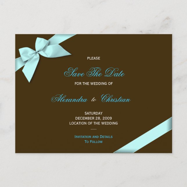 Aqua Ribbon Wedding Save the Date 4 Ankündigungspostkarte (Vorderseite)