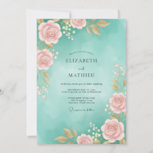 Aqua Rosa Aquarell-Hochzeit Einladung
