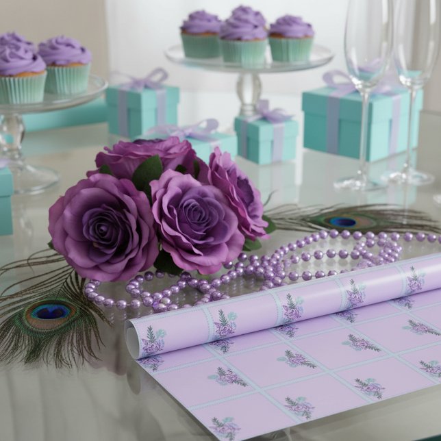 Aqua-Rose Geschenkpapier (A serene table at a bridal shower with aqua blue and purple and coquette aesthetic)
