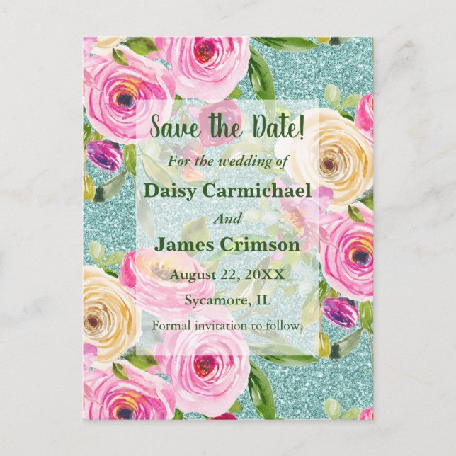 Aqua-Rose Glitzer Save the Date Postkarte (Vorderseite)