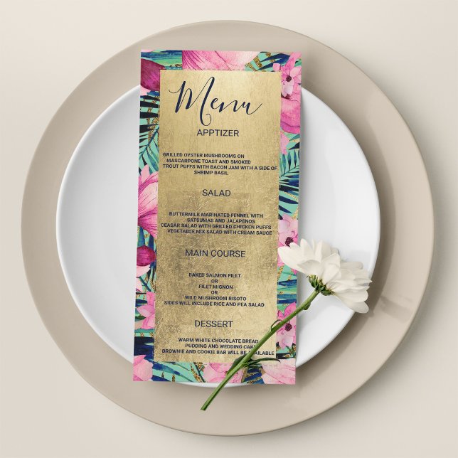 Aqua rose or marine bleu floral Mariage Menu (Pink aqua gold navy blue floral Wedding Menu)