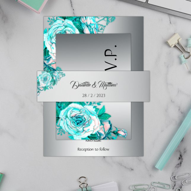 Aqua Rose und elegante Silberblume Hochzeit Einladungsbanderole (Von Creator hochgeladen)