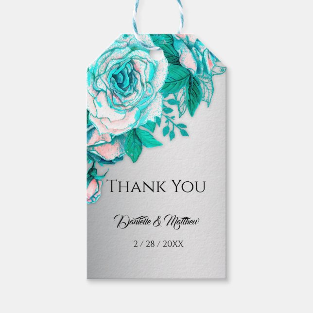 Aqua Rose und elegantes Silver Danke Geschenkanhänger (Vorderseite)