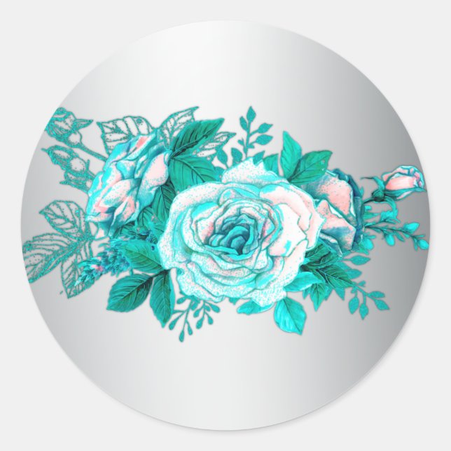 Aqua-Rose und Silberhochzeit Runder Aufkleber (Vorderseite)