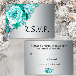Aqua Roses and Silver Wedding RSVP Karte