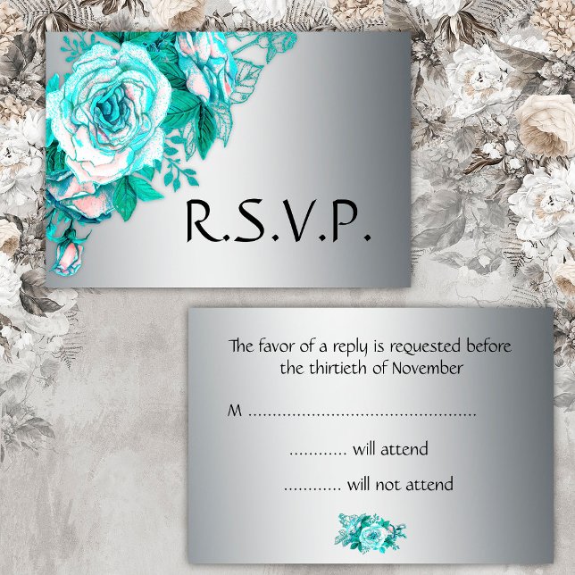 Aqua Roses and Silver Wedding RSVP Karte (Von Creator hochgeladen)