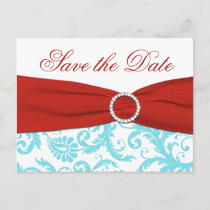 Aqua, Rot und Weißer Damast Save the Date Postkart Ankündigungspostkarte