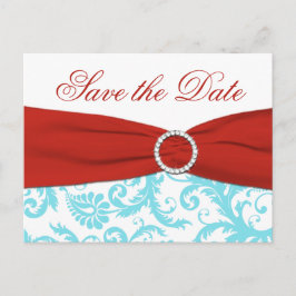Aqua, Rot und Weißer Damast Save the Date Postkart Ankündigungspostkarte