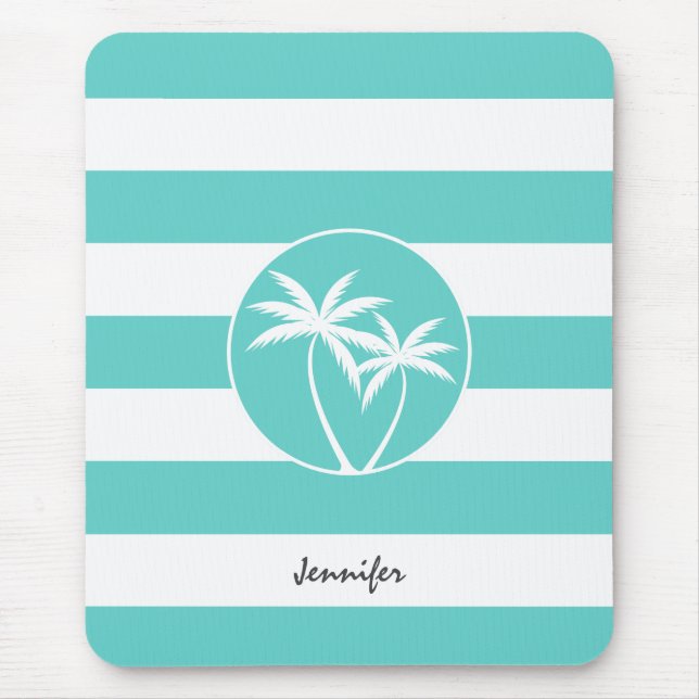 Aqua Rugby Streifen Tropisches Palm Logo mit Namen Mousepad (Vorne)