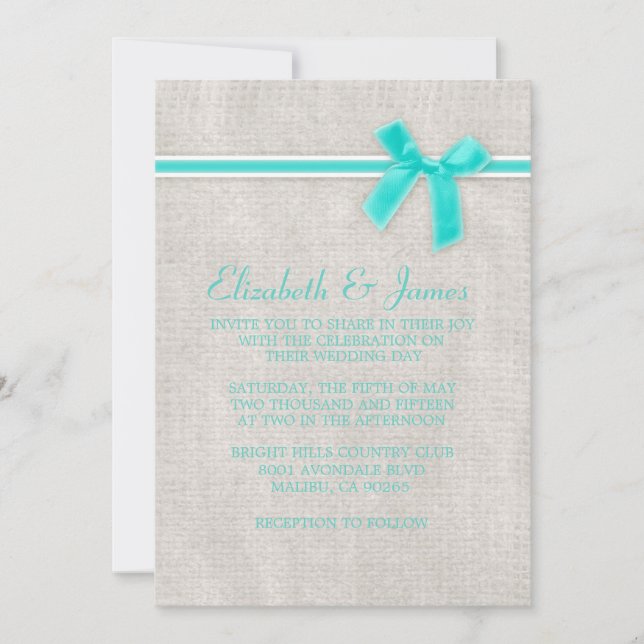 Aqua Rustic Burlap Wedding Einladungen (Vorderseite)