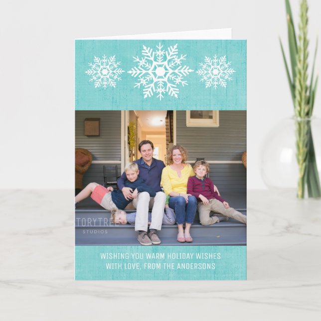 Aqua Rustic Snowflake Foto Feiertagskarte (Vorderseite)