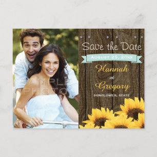 AQUA RUSTIC SUNFLOWER SAVE THE DATE POSTCARD ANKÜNDIGUNGSPOSTKARTE