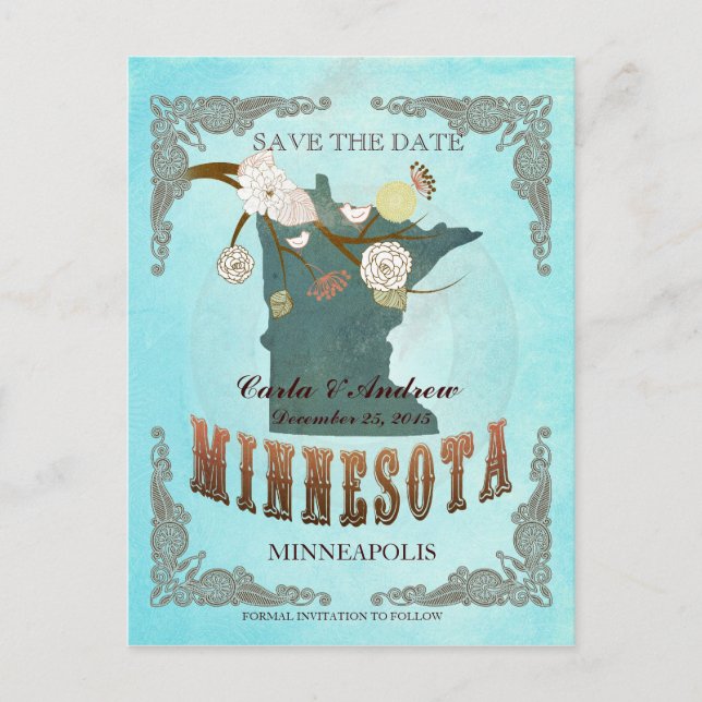 Aqua Save the Date - MN-Karte mit hübschen Vögeln Ankündigungspostkarte (Vorderseite)
