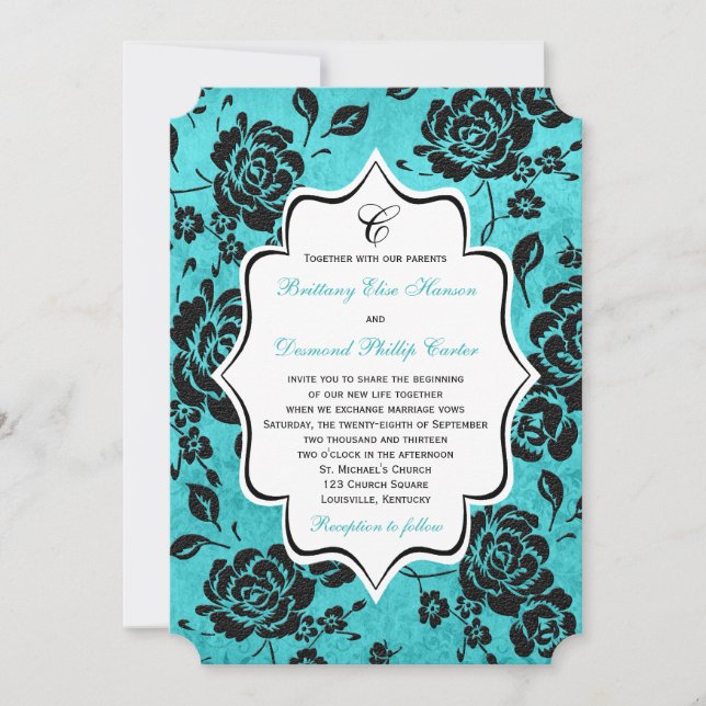 Aqua Schwarz-weiß Floral Damask Einladung Hochzeit (Vorderseite)