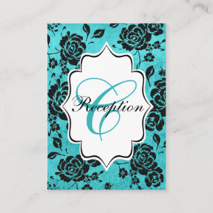 Aqua Schwarz-weiß Floral Damask Verschlusskarte Begleitkarte