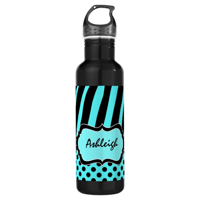 Aqua, Schwarz, Weiße Zebrastreifen Edelstahlflasche (Vorderseite)