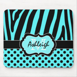 Aqua, Schwarz-, weißerzebra-Streifen u. Punkte Mousepad