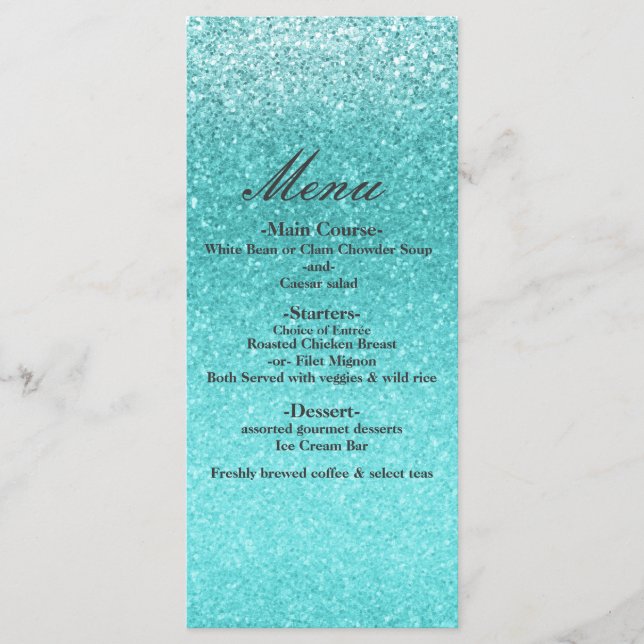 Aqua Sea Blue Glitzer Sparkle Party Menükarte (Vorderseite)