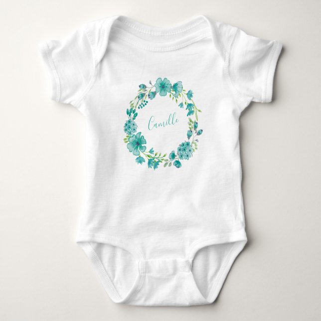 Aqua Sea Green Floral Wreath Personalisiert Baby Strampler (Vorderseite)