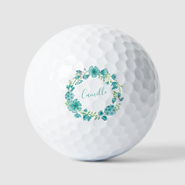 Aqua Sea Green Floral Wreath Personalisiert Golfball (Vorderseite)
