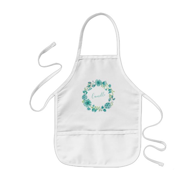 Aqua Sea Green Floral Wreath Personalisiert Kinderschürze (Vorne)