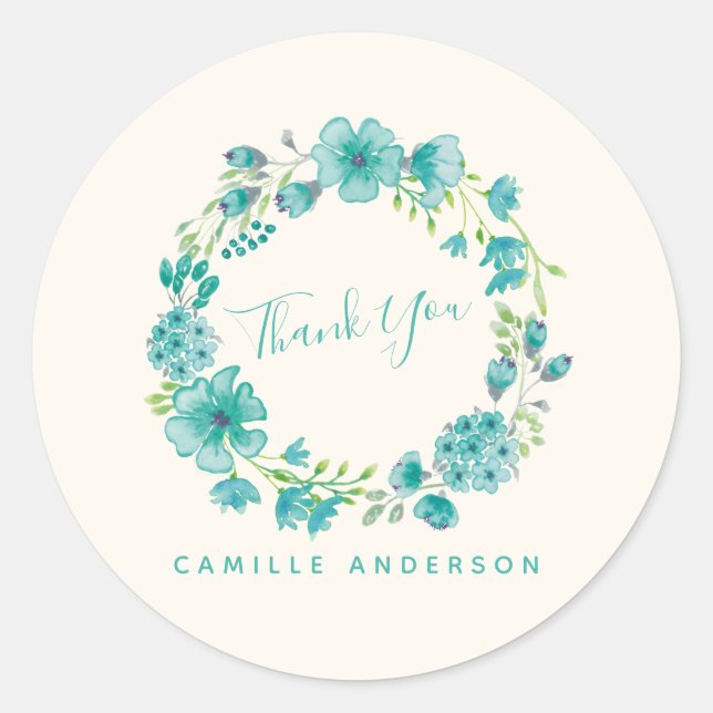 Aqua Sea Green Floral Wreath Personalisiert Runder Aufkleber (Vorderseite)