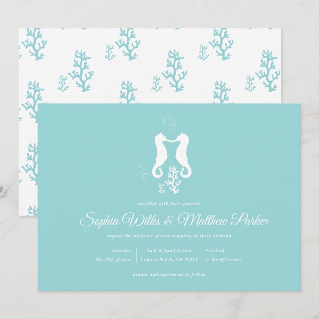 Aqua Seahorse Beach Wedding Invitation (Devant / Derrière)
