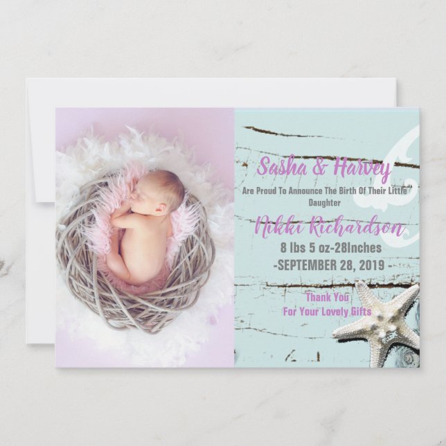 aqua seashell beach Baby Birth Ankündigung Foto (Vorderseite)
