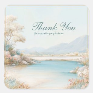 Aqua-See Pastell-Landschaft Wildblume Goldrahmen Quadratischer Aufkleber