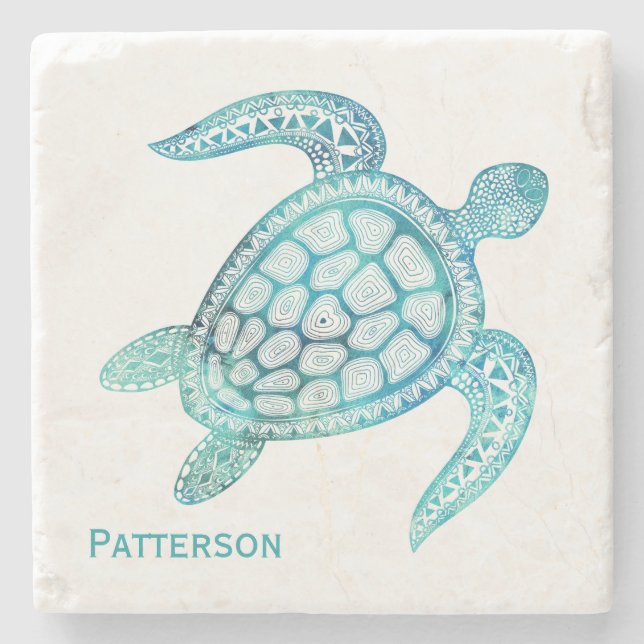 Aqua-Seeschildkröte-personalisierter Steinuntersetzer (Vorderseite)
