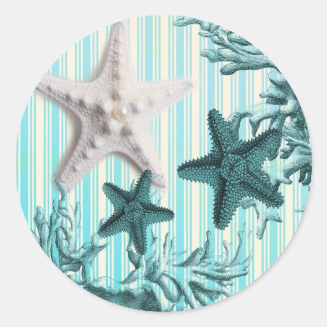 Aqua-Seesterne-Seashells Runder Aufkleber (Vorderseite)