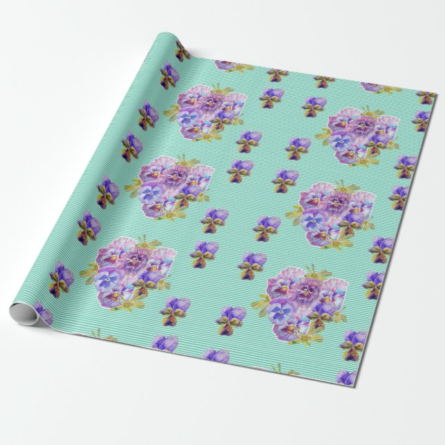 Aqua Shabby Chic Pansy Blume Blumenbeete Geschenkpapier (Ungerollt)