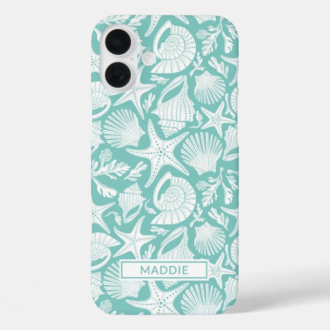 Aqua Shells Personalized iPhone 16 Plus Hülle (Rückseite)