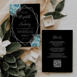 Aqua Silber Blumen Hochzeit mit QR-Code Schwarz Einladung