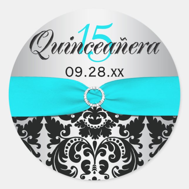 Aqua, Silber, Schwarzer Damast, Sticker (Vorderseite)
